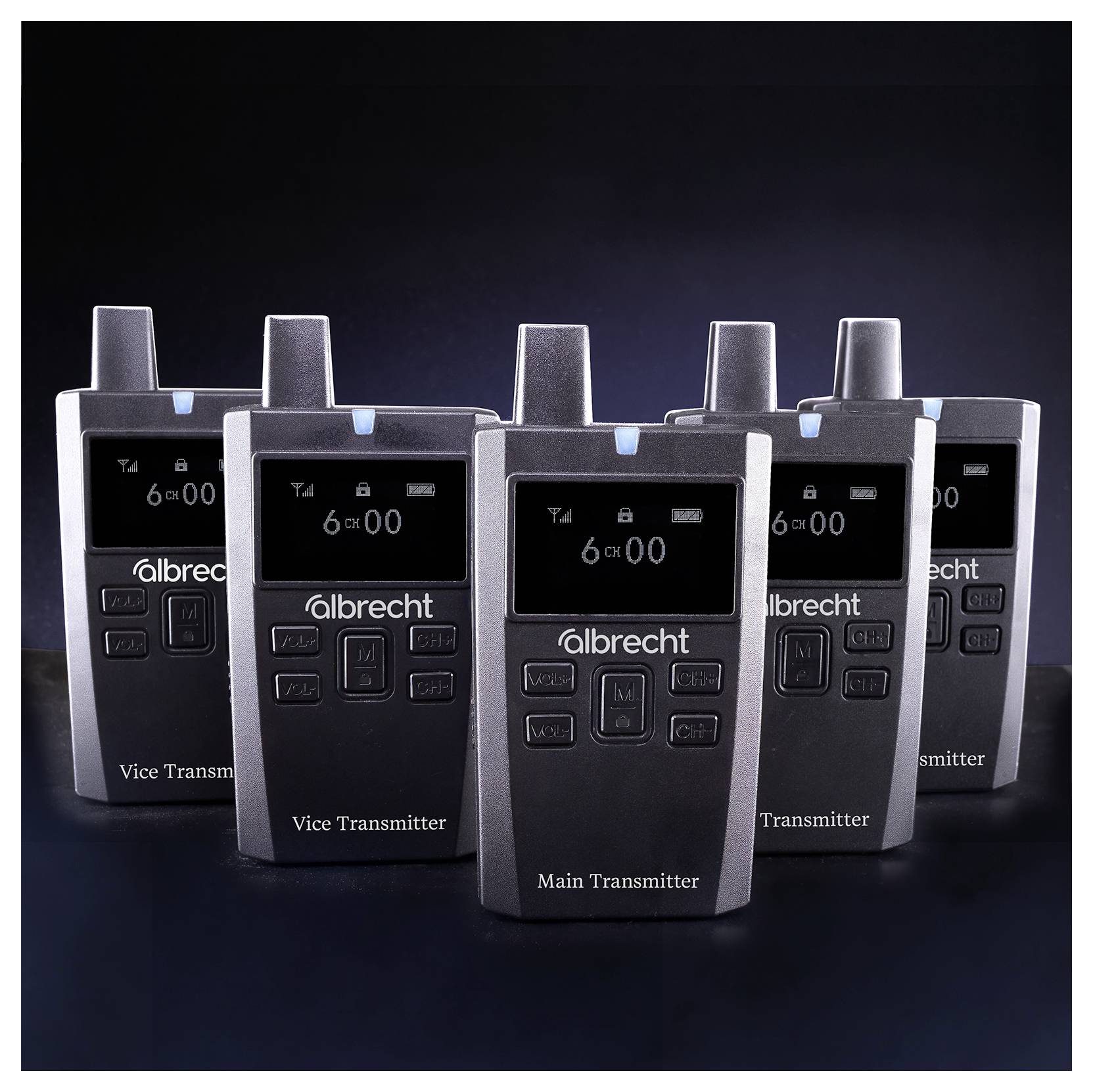 Five Albrecht voice transmitters are displayed, with one labeled 'Main Transmitter' and the others as 'Vice Transmitter,' set against a dark background.