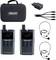 Portable wireless audio transmission kit, including a carrying case, a plug adapter, USB cable, two transmitters, and two headsets.