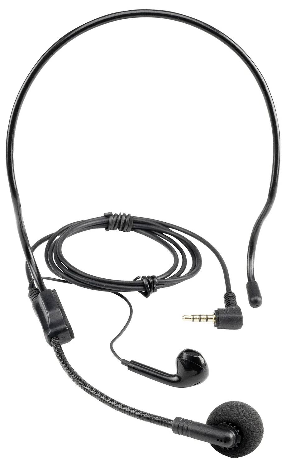 A black single-ear headset with a curved neckband and wire ending in a 3.5mm jack connector.