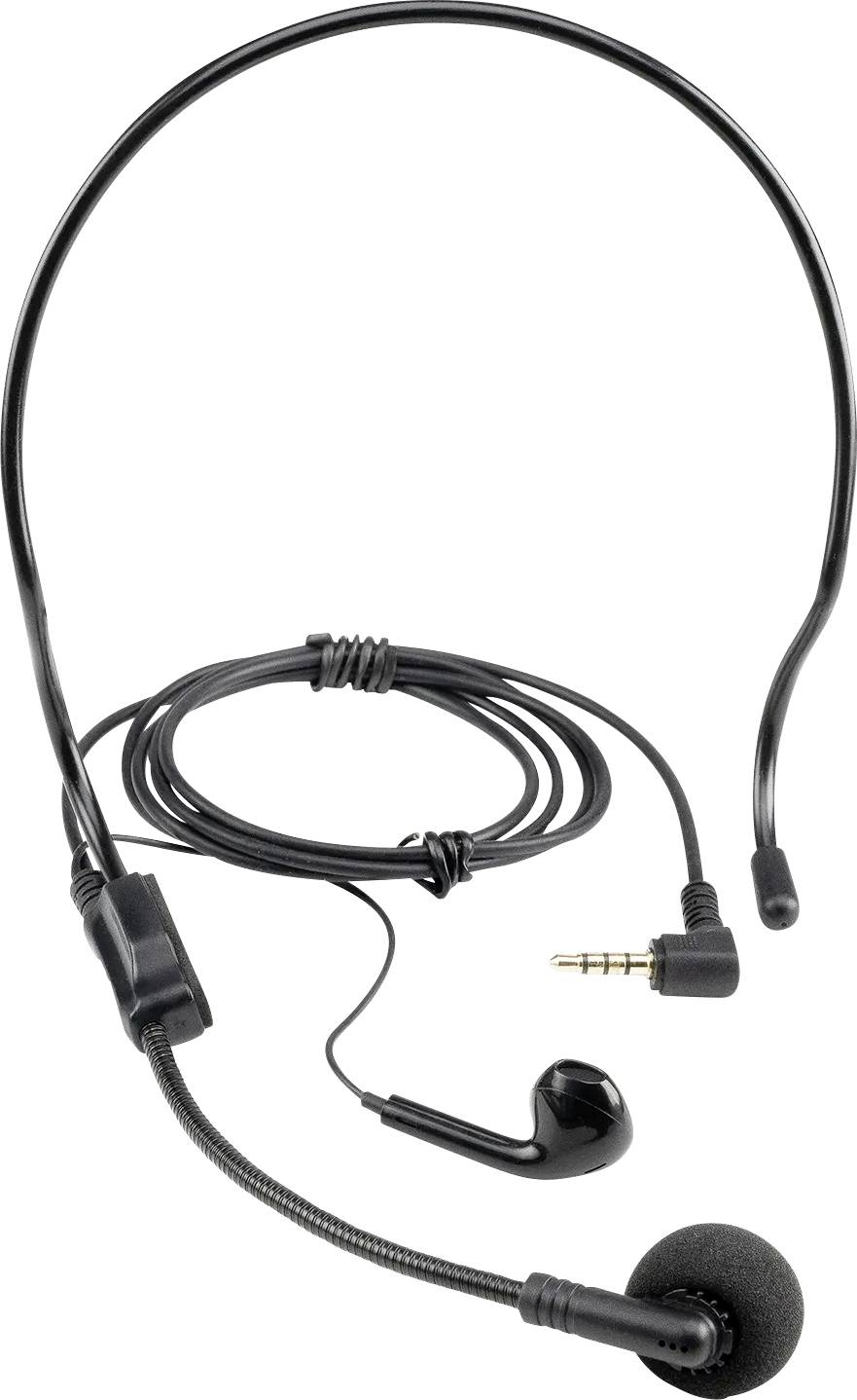 A black headset with an adjustable microphone and single earbud, featuring a coiled cable and a 3.5mm audio jack.