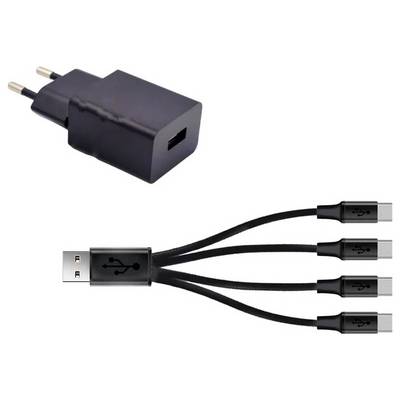A black USB wall charger and a multi-connector USB cable with four micro-USB ends, used for charging multiple devices simultaneously.