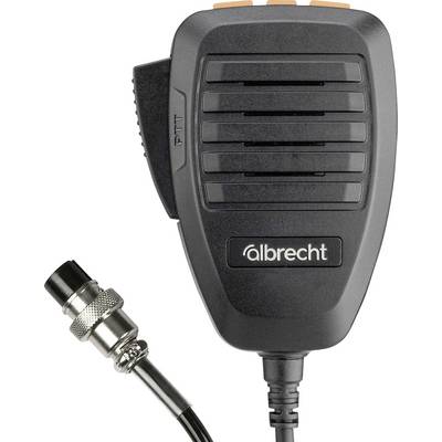 A black handheld speaker microphone with a PTT button, labeled 'albrecht,' attached to a coiled cable with a metal connector.