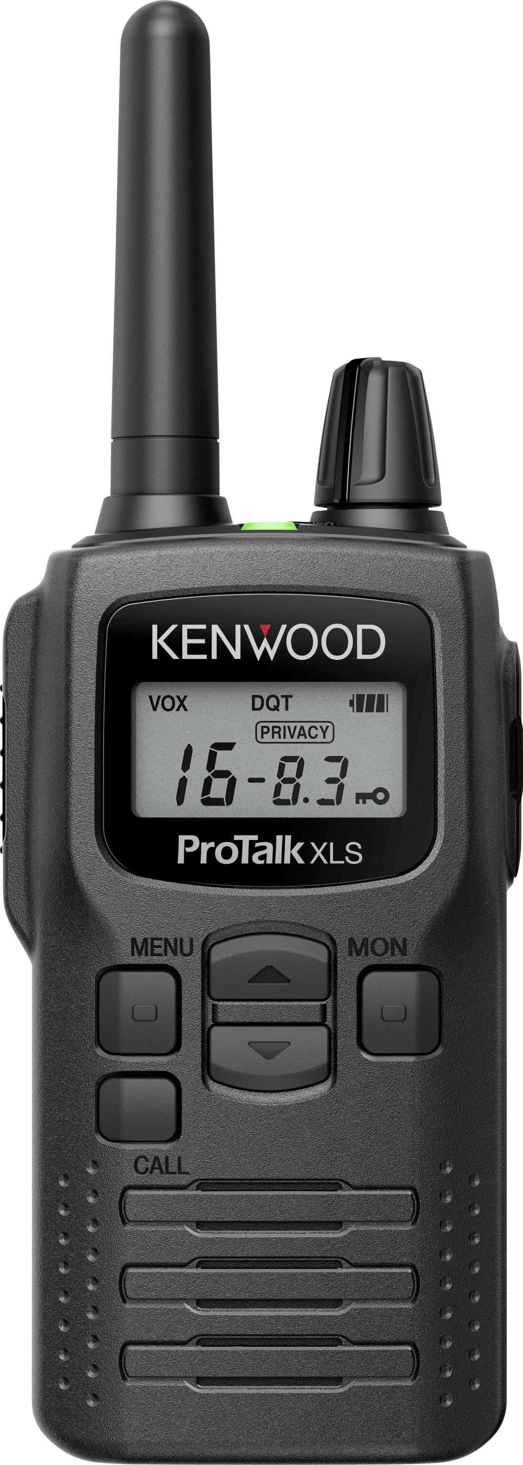 A black Kenwood two-way radio displaying '16-8.3' on its screen, with buttons labeled VOX, MENU, CALL, DOT, MON, and up/down arrows.
