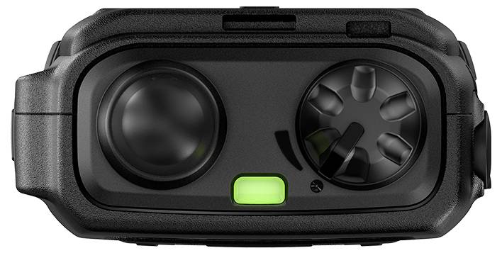 A digital night vision monocular with dual lenses and a green power indicator.