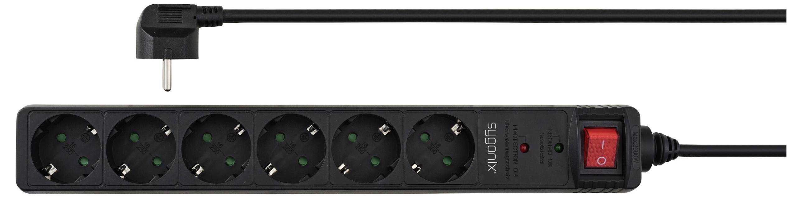 A black power strip with five sockets, a red power switch, and an angled plug.
