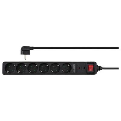 A black power strip with five sockets, a red power switch, and an angled plug.