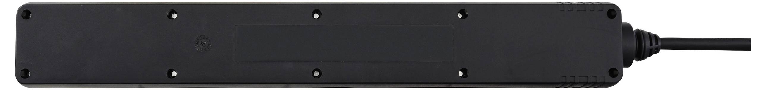 'Black power strip with six sockets and a black cable connecting to the right side.'