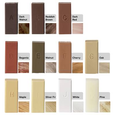 Color swatches for furniture repair: A) Dark Walnut, B) Reddish Brown, C) Dark Red, D) Begonia, E) Walnut, F) Cherry, G) Oak, H) Maple, I) Silver Fir, J) White, K) Pine.
