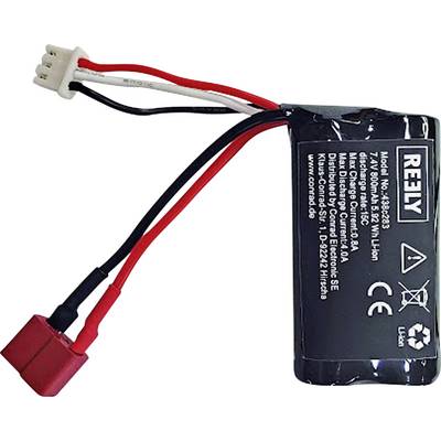 Small REELY lithium battery pack with red and black wires and a white connector, shown on a white background.