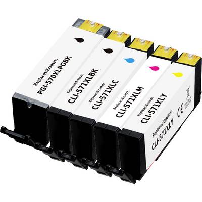 Set of five replacement ink cartridges for a printer: black, black, cyan, magenta, and yellow.<br>