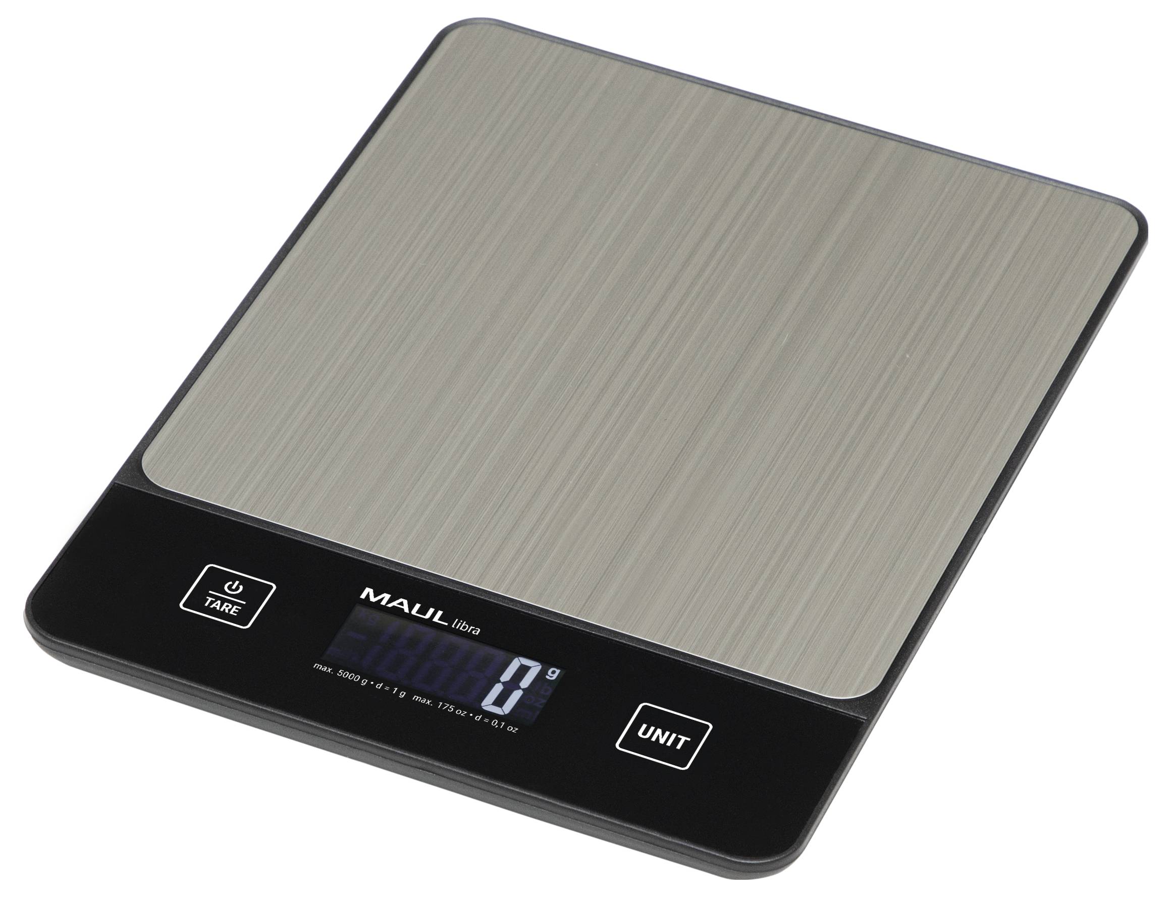 A digital kitchen scale with a stainless steel surface, displaying '0' on the screen, features tare and unit buttons.