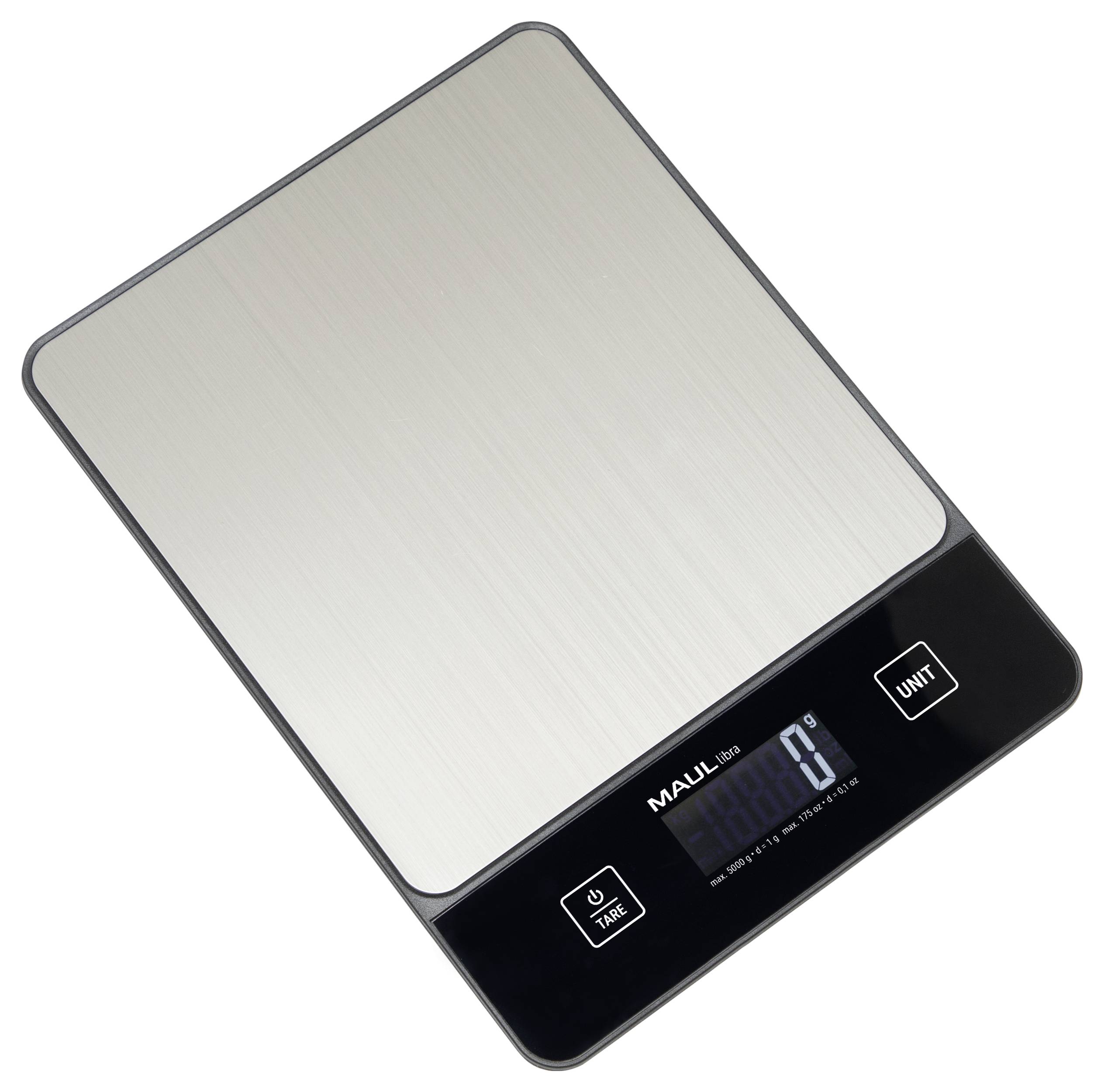A digital kitchen scale with a stainless steel weighing platform and an LCD screen displaying '0'. It has tare and unit buttons.