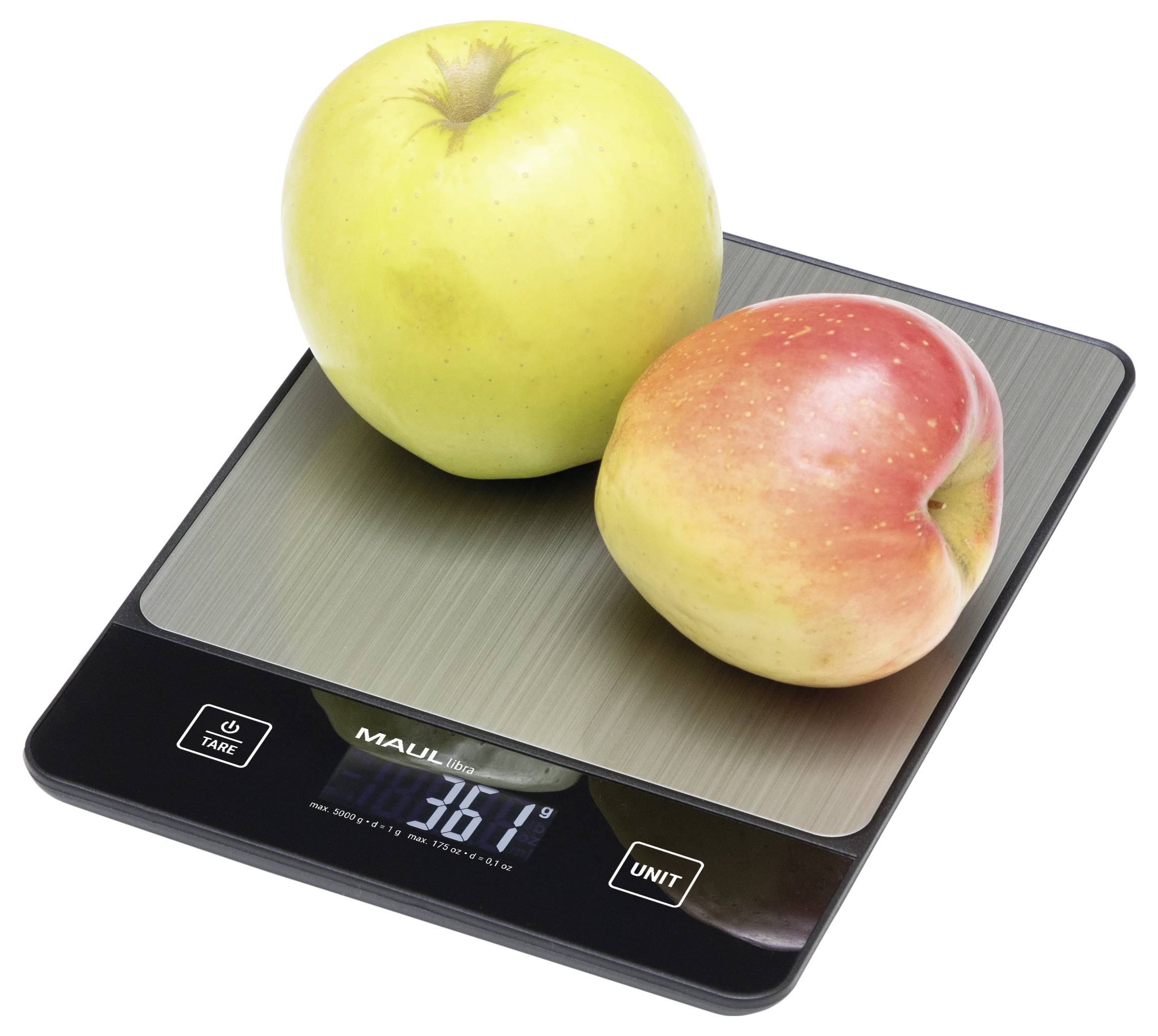 A digital kitchen scale displaying '361' grams with two apples on top.