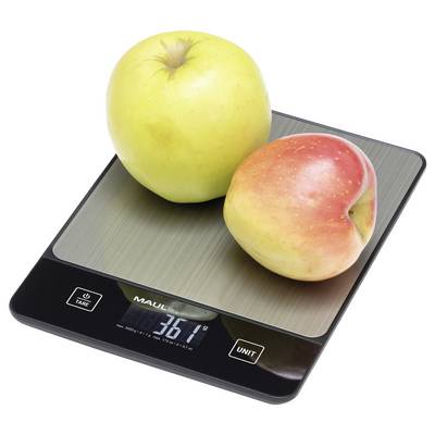 A digital kitchen scale displaying '361' grams with two apples on top.