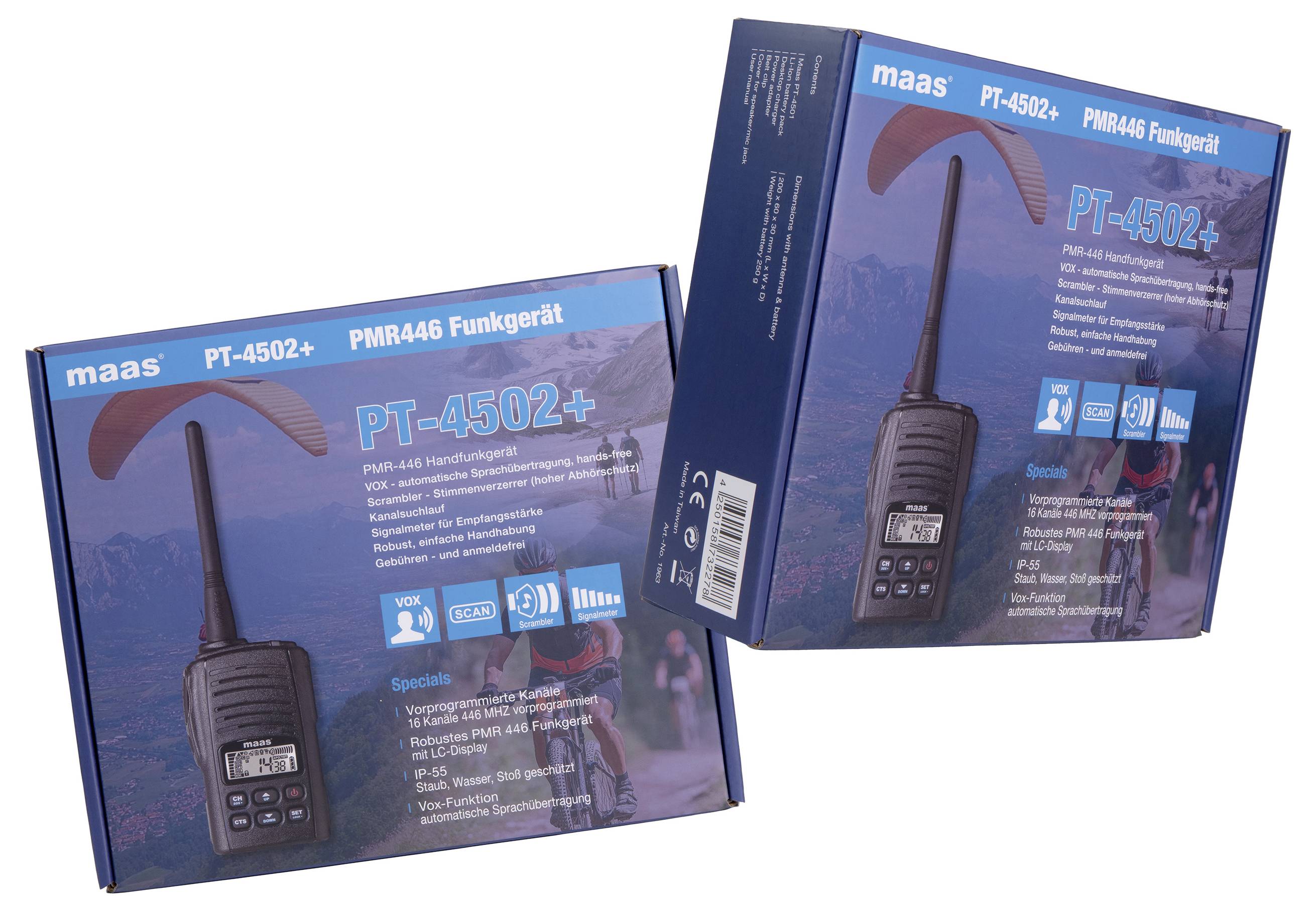 Two boxes of 'maas PT-4502+' PMR446 radios, featuring images of the radios and icons indicating use for travel and outdoor activities.