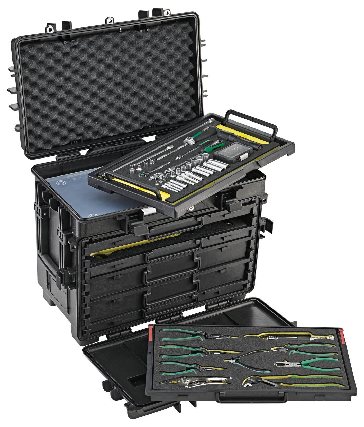A multi-drawer toolbox with various compartments containing tools and equipment, designed for organized storage and easy transport.