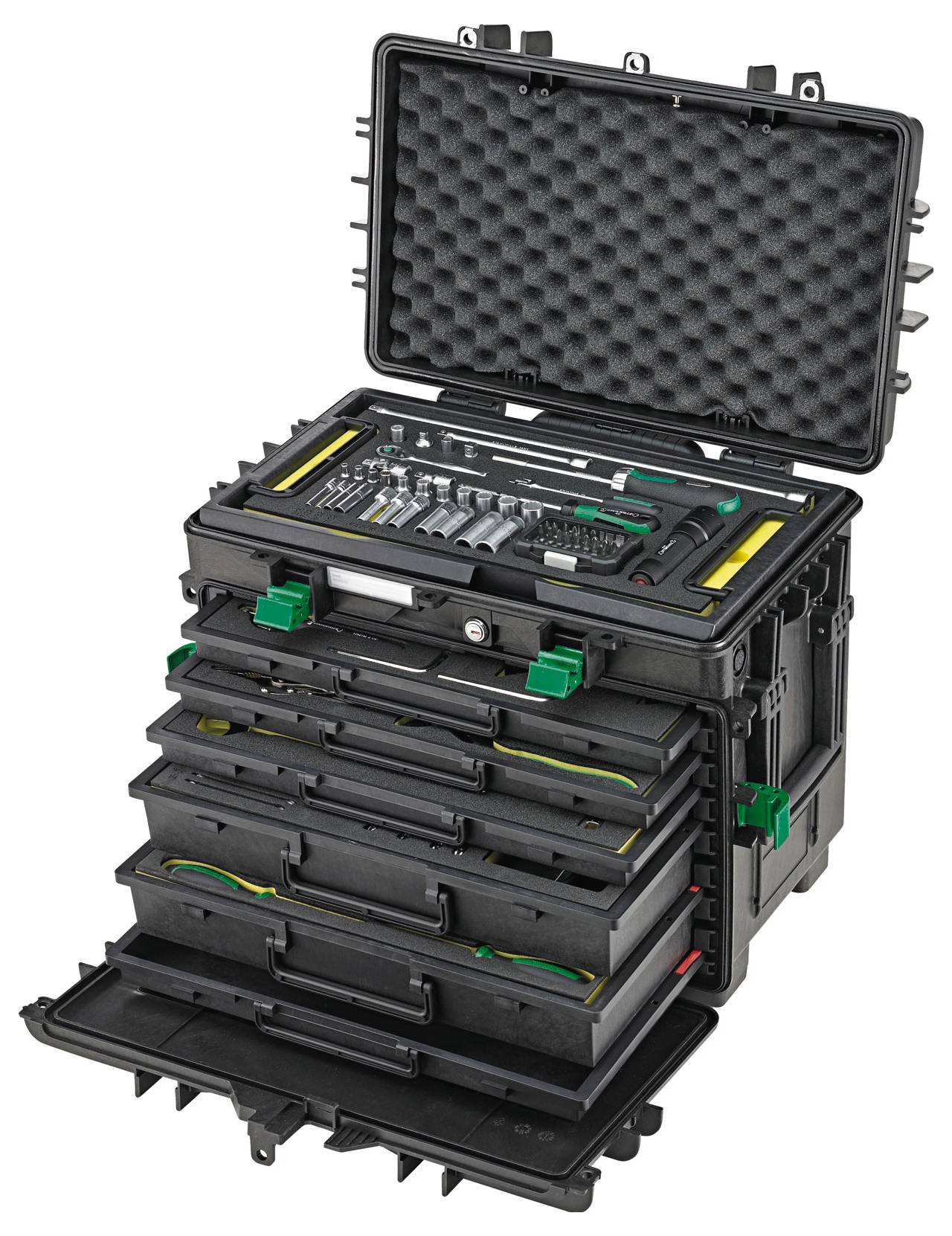 A black portable tool chest with multiple open drawers reveals assorted tools and neatly organized compartments, ready for use.