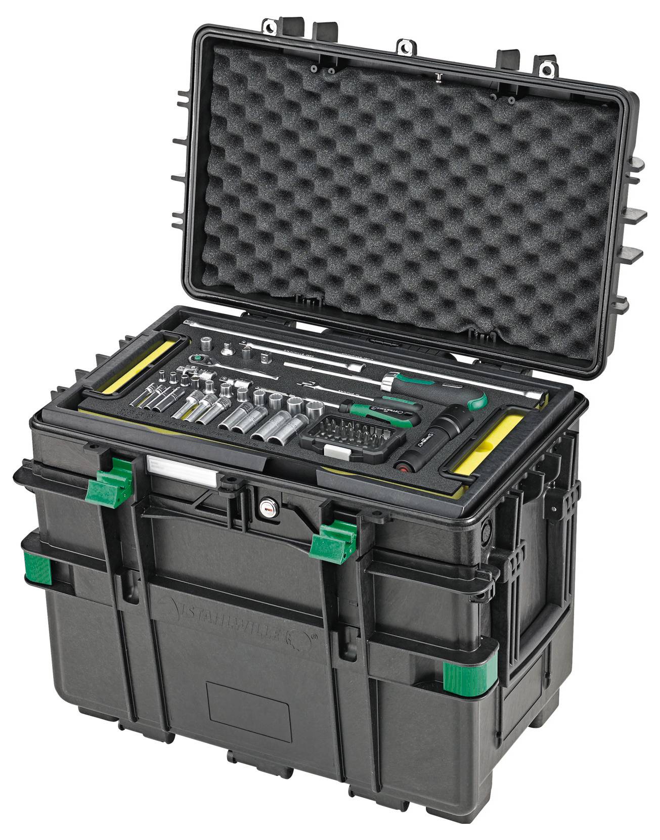An open, black toolkit box with assorted tools including wrenches and screwdrivers organized inside.