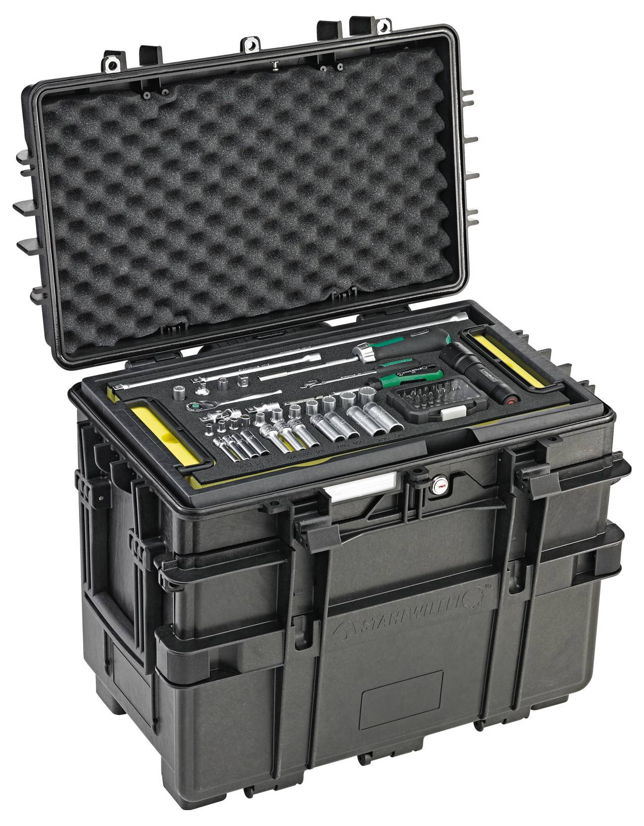 An open black storage case with foam padding reveals a set of neatly arranged tools, including wrenches, sockets, and other hand tools.