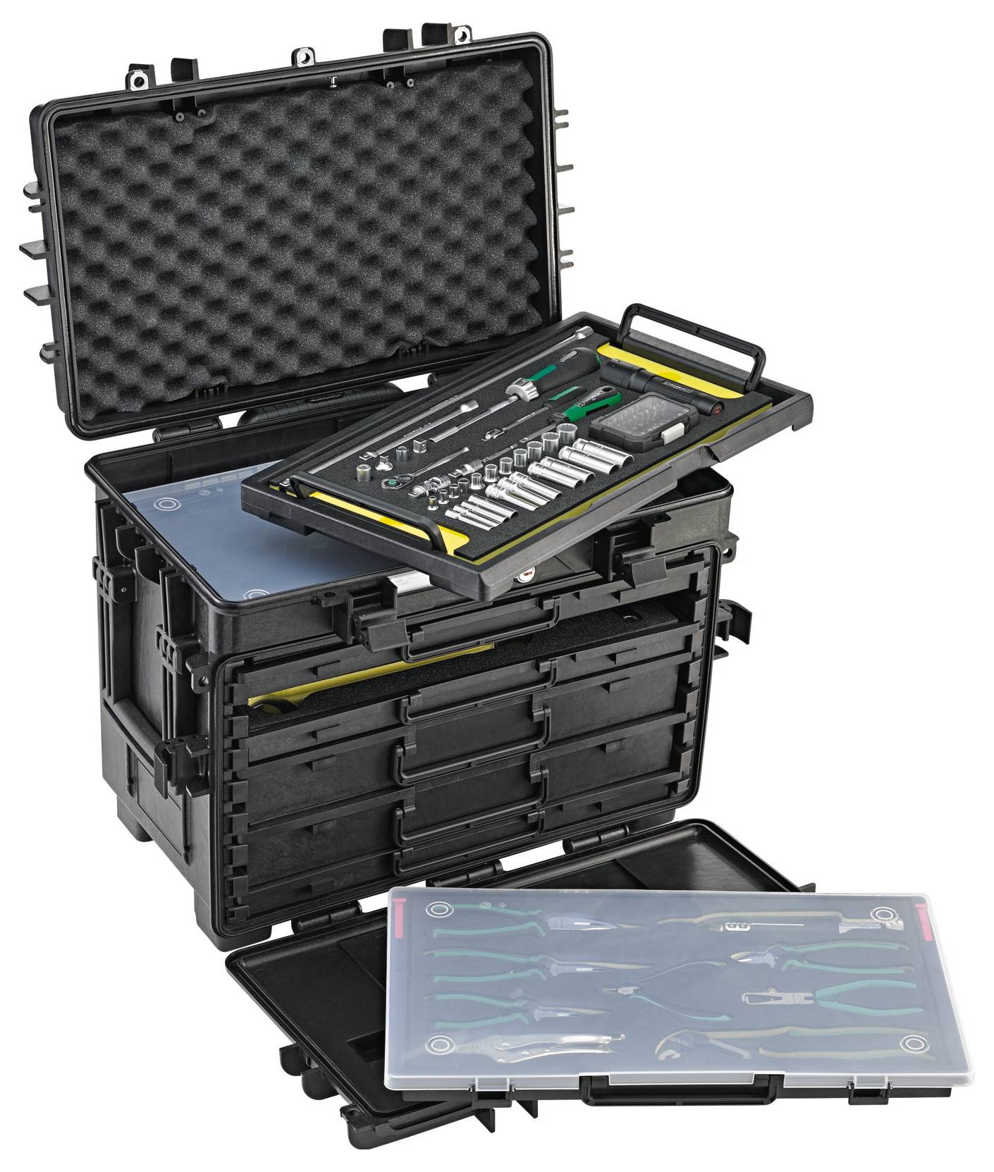 A portable black tool case is open, revealing multiple drawers with hand tools and compartments. The case includes a foam lid for protection.