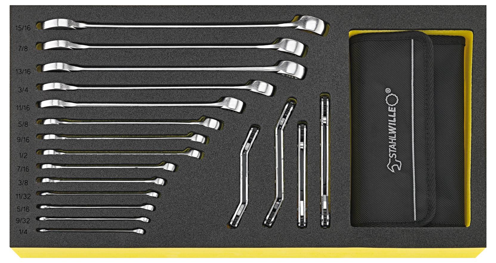 A toolkit with various sizes of combination wrenches and double ring spanners, neatly organized in a foam tray next to a branded pouch.