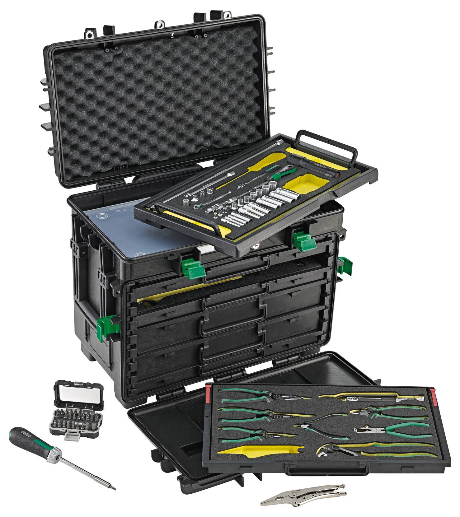 A black toolbox with multiple compartments is open, showing a variety of tools including pliers, screwdrivers, and a wrench set.