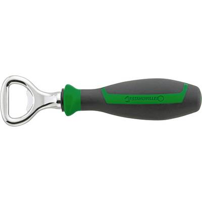 A bottle opener with a gray and green ergonomic handle.