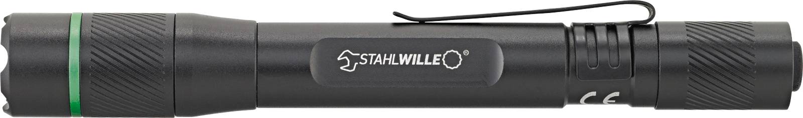 A black handheld flashlight with a green ring and a logo reads 'STAHLWILLE'.