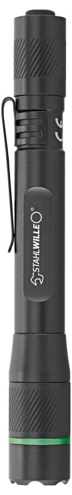 A black flashlight with a textured grip and a clip on the side.