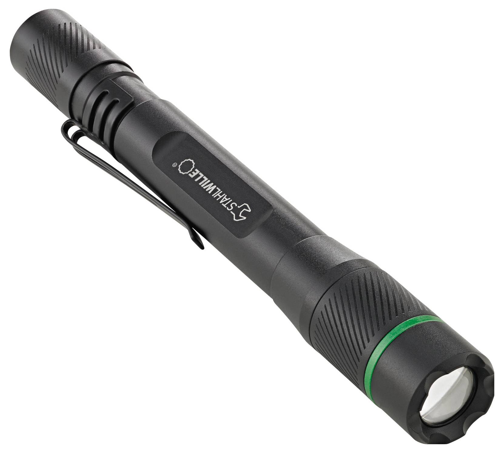 A black flashlight with a clip and green accent ring near the lens.