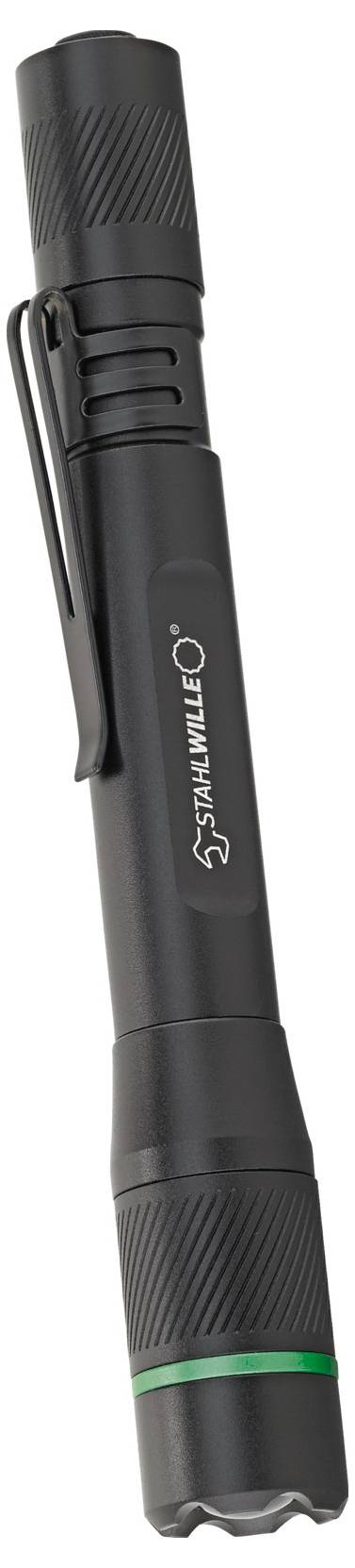 A sleek, black penlight with a pocket clip and a green ring near the lens, designed for portable illumination.