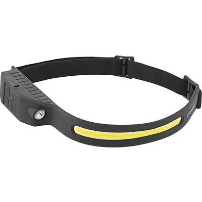 A black, adjustable headband with an integrated LED light and a side button for power. Suitable for hands-free use during activities.