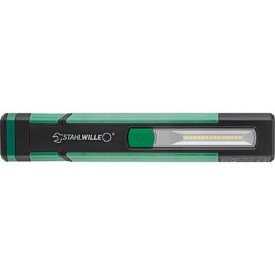 A green and black portable LED work light with the word 'STAHLWILLE' on the side, featuring a central light strip and a power button.
