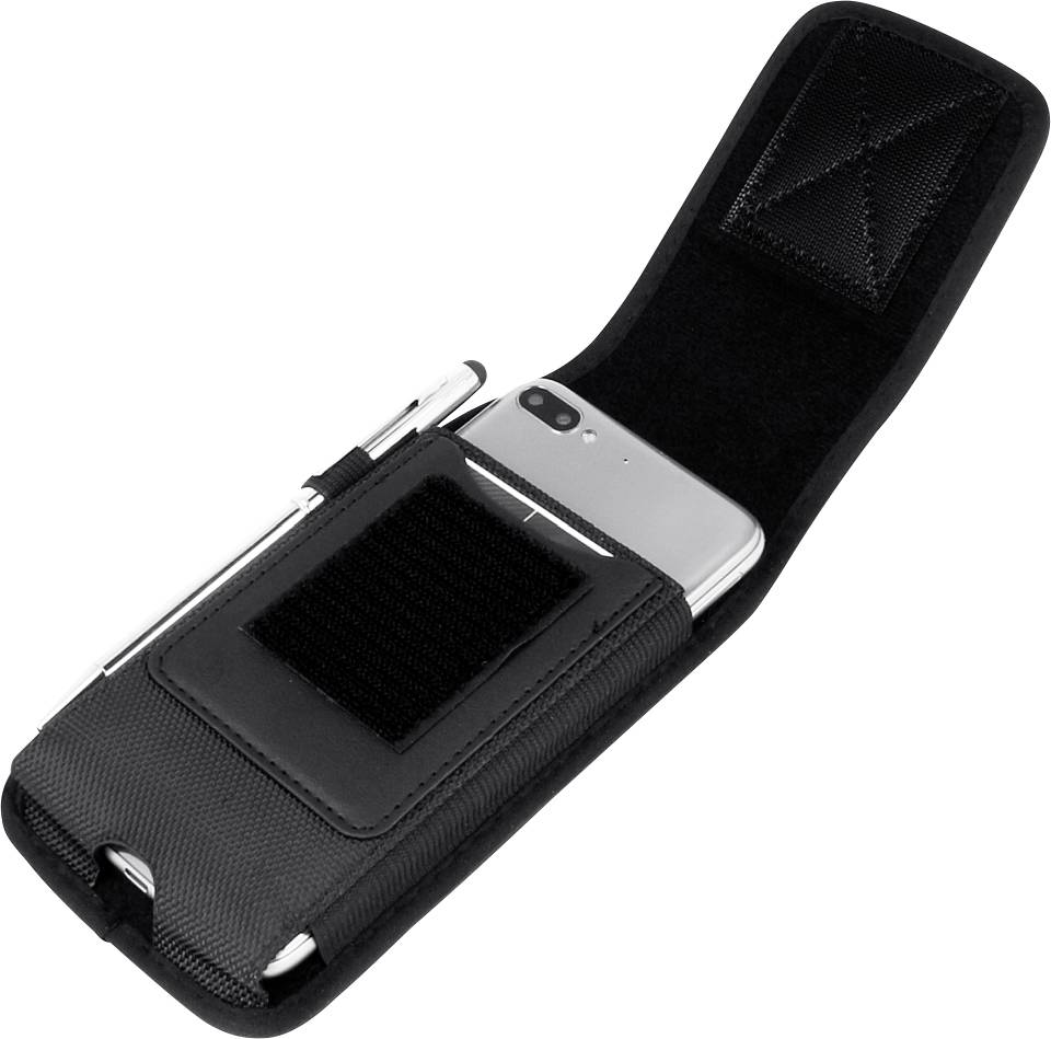 A black fabric phone holster with a flap open, revealing a phone and pen inside, featuring a belt clip on the back.