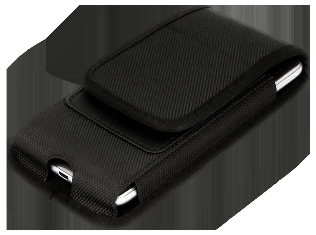 A black textured phone case with a flap cover, partially open to reveal the edge of a smartphone inside.