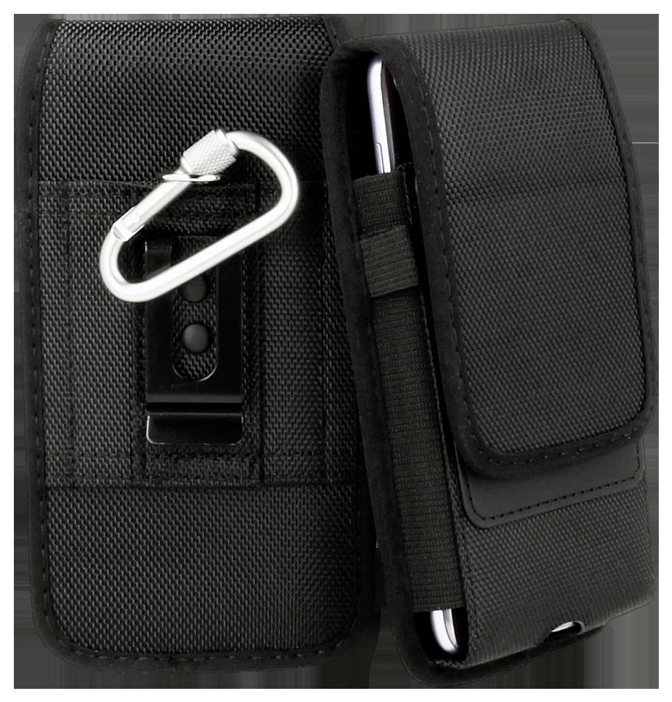 A black phone case with a carabiner clip and belt loop, designed for secure carrying.