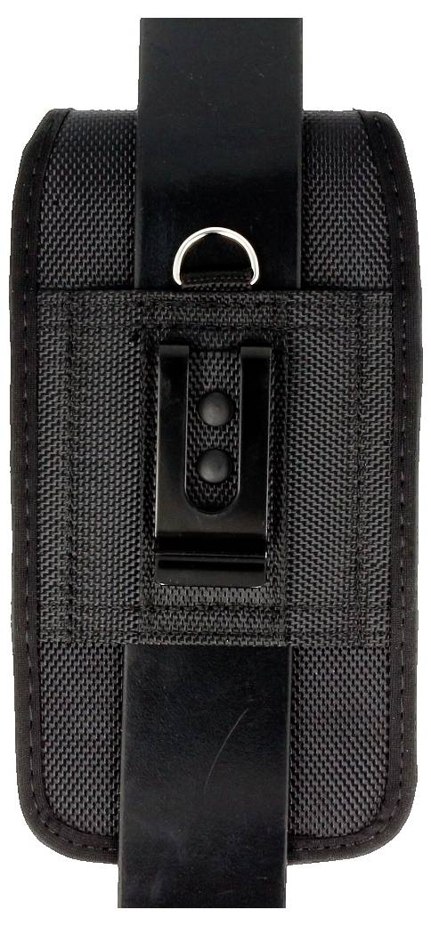 A black, textured pouch with a secure clip and metal loop on the front, designed for carrying small tools or devices.