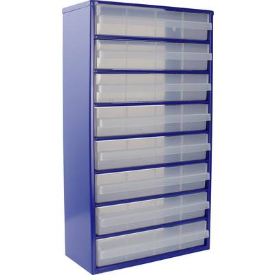 'Tall blue storage cabinet with ten transparent sliding drawers, stacked vertically.'