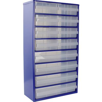 A blue storage cabinet with twelve transparent sliding drawers, used for organizing small items. The cabinet is tall and rectangular.