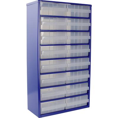 A tall blue storage cabinet with 15 clear drawers, designed to organize small items. Ideal for office or workshop use.
