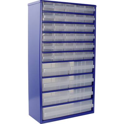 A blue storage cabinet with multiple transparent drawers, used for organizing small items or tools, standing vertically.