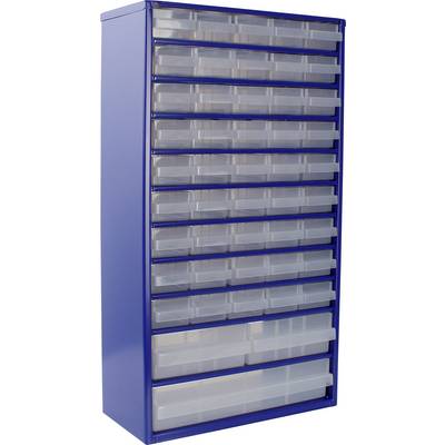 A tall, blue metal storage cabinet with multiple transparent plastic drawers stacked in rows, used for organizing small items.