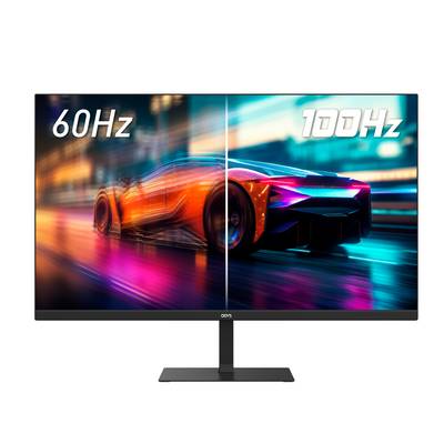 A split-screen image compares a race car on 60Hz and 100Hz displays, highlighting the smoother motion on the 100Hz side.