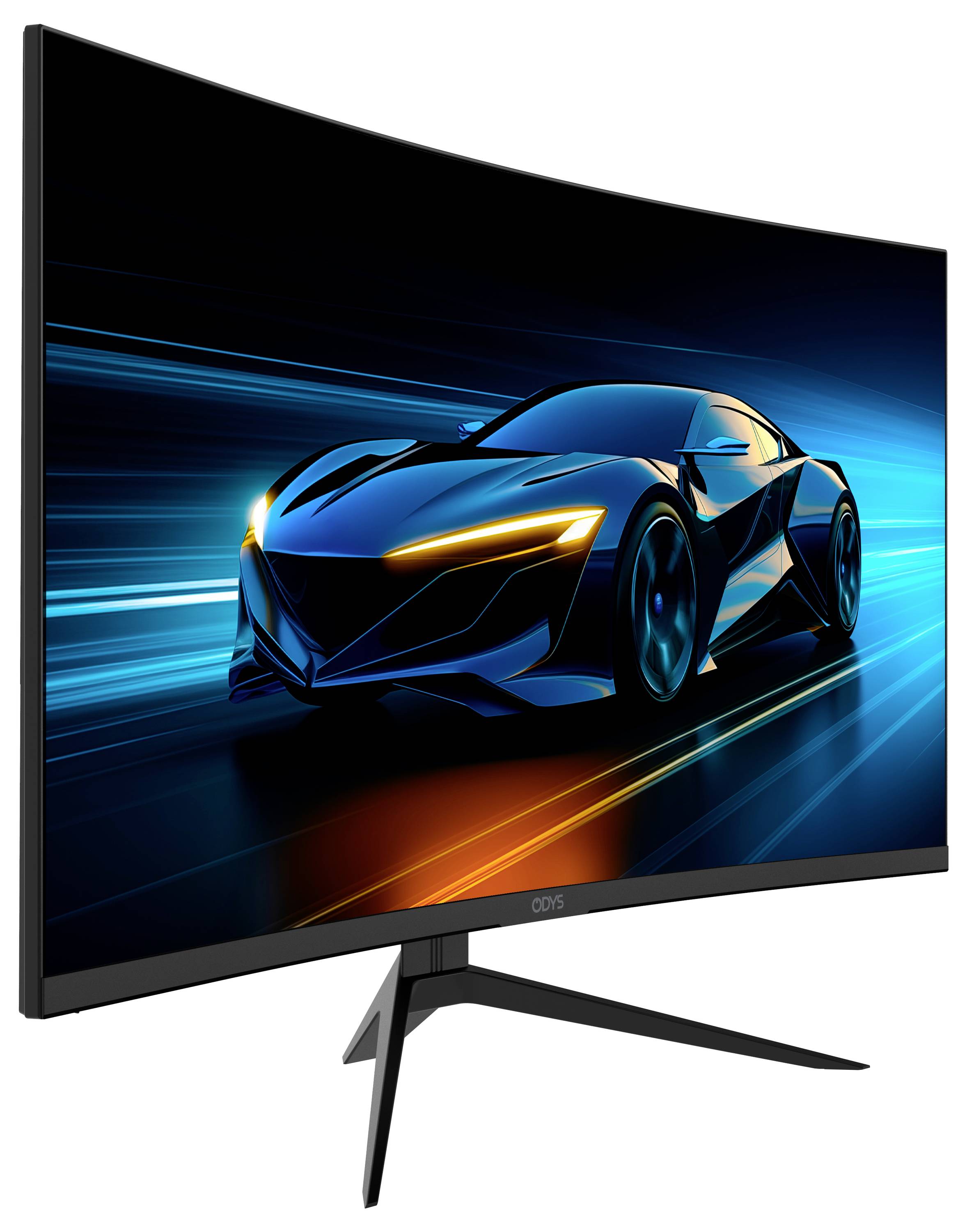 A curved gaming monitor displaying an image of a sleek, futuristic car accelerating through a neon-lit digital landscape.