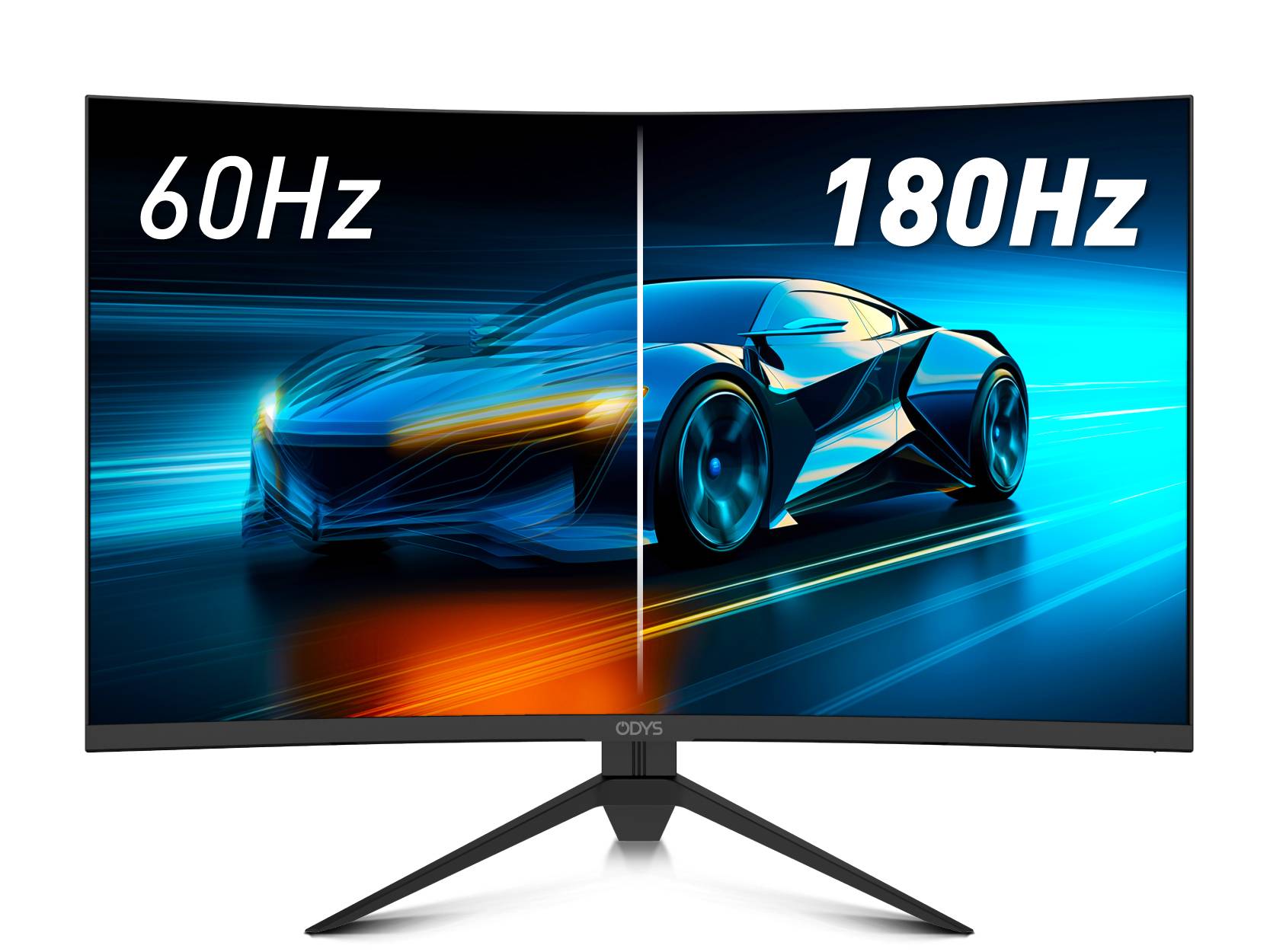 A split image of a car shows a performance comparison: left side blurry with '60Hz,' right side clear with '180Hz,' demonstrating motion smoothness.