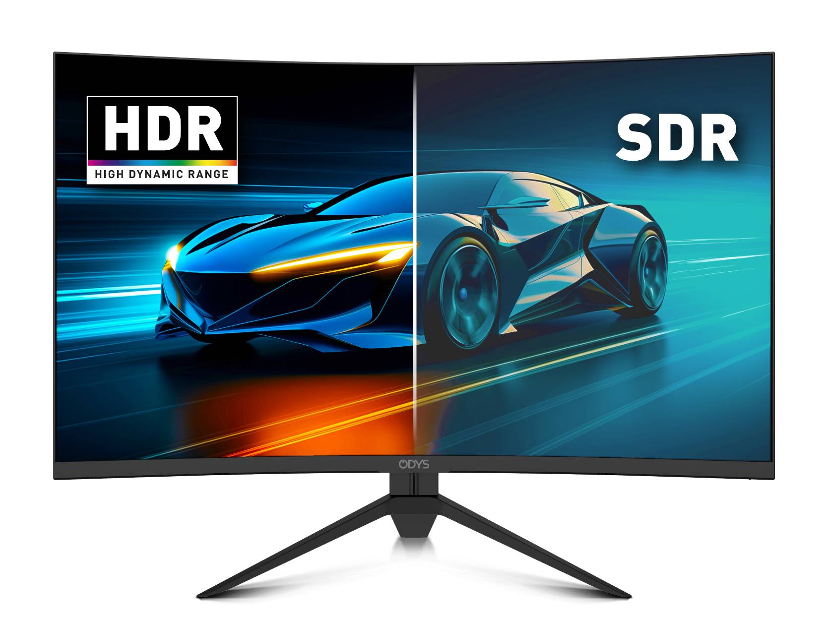 A curved monitor displaying a car; left side with 'HDR' shows vivid colors, right side with 'SDR' shows dull colors, highlighting the HDR effect.