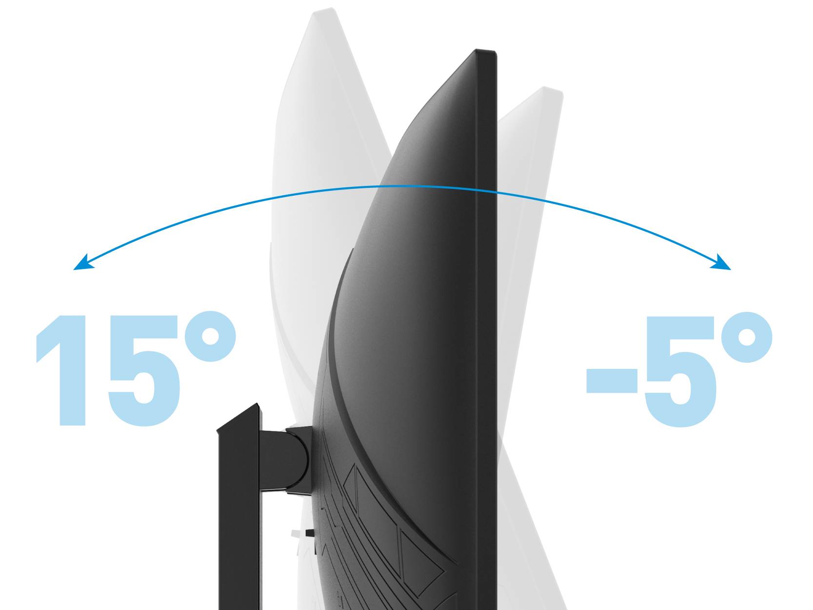 The image shows a monitor tilting with a range of 15 degrees backward and -5 degrees forward, illustrating its adjustable feature.