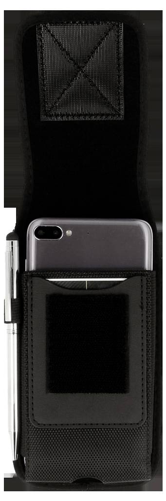 A black fabric phone holster with a flap cover, holding a smartphone in the pocket and a pen tucked in a side loop.