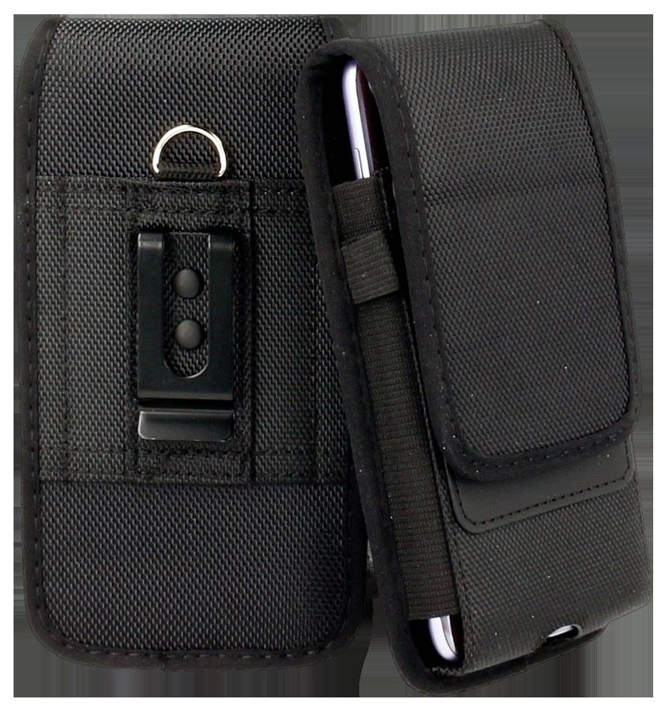 Black phone holster with belt clip and loop, designed to securely hold a smartphone. Velcro flap closure and durable fabric exterior.