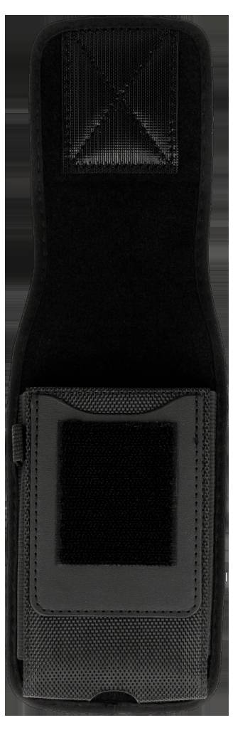 A black, open-top fabric pouch with a strap and Velcro closure, likely for holding a small device or tool.